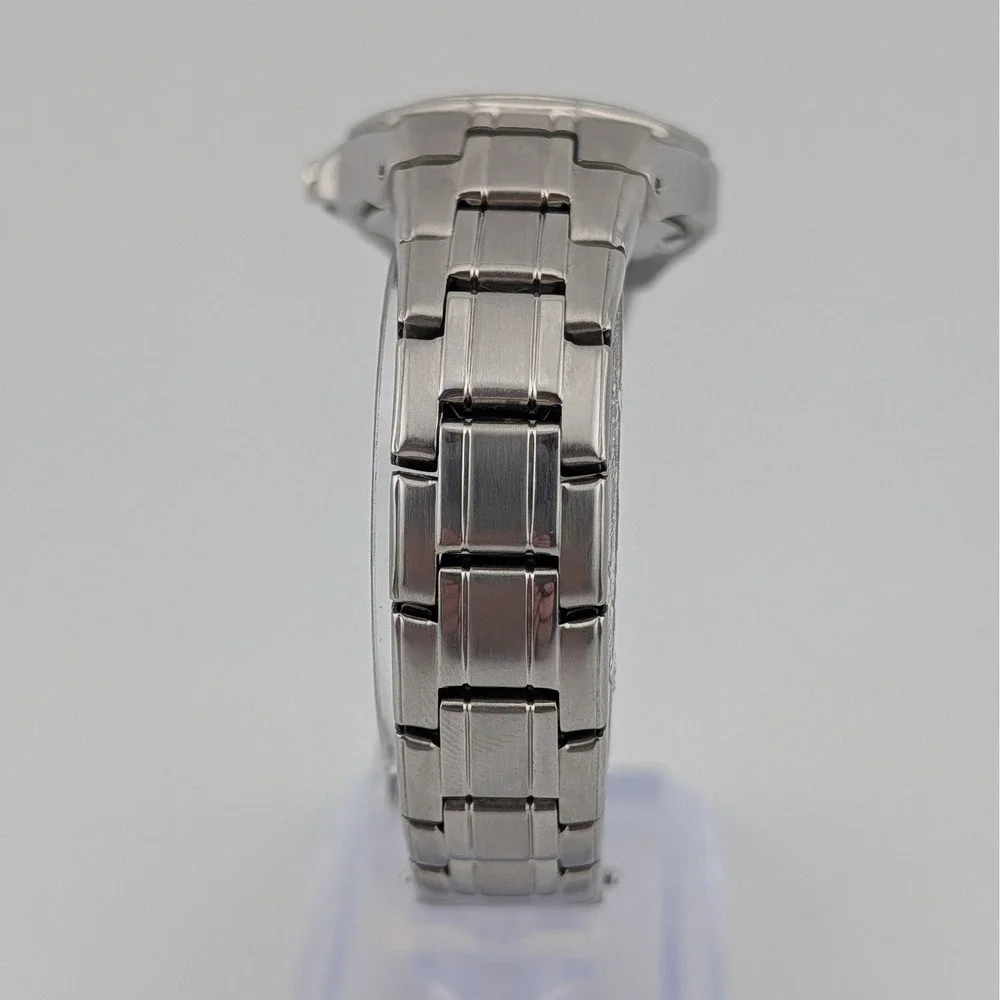 Vintage 2000 Pulsar PXT797 Women's Pinstripe MOP Crystal Bezel Date Watch 28mm
